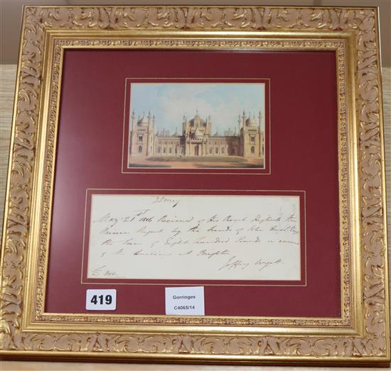 Jaffrey Wyatt, an autograph document, receipt for the payment of £800 from the Prince Regent on account of the building at Brighton,